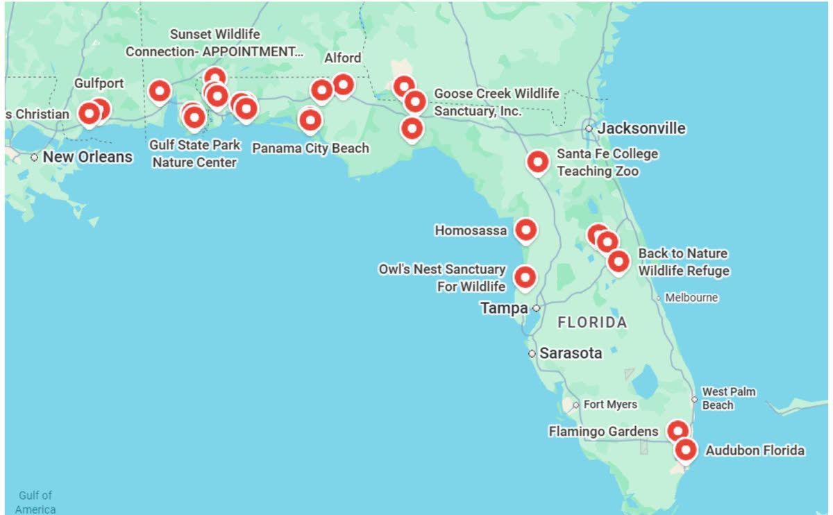 Map of collaborating wildlife facilities across the Gulf Coast and Florida